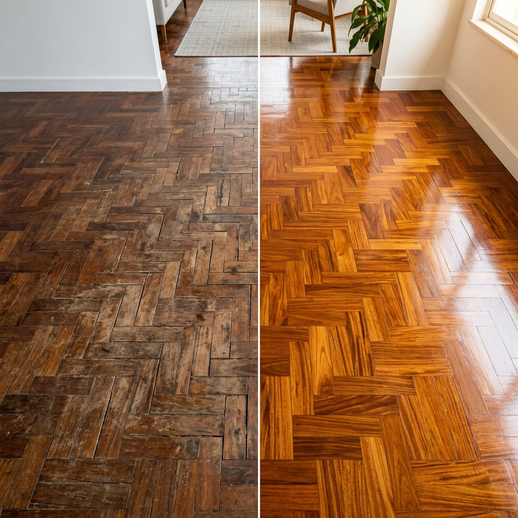 Comparação antes e depois da restauração de parquet e taboão ypê