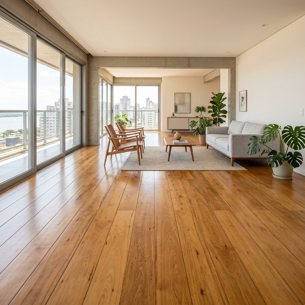 Sala com piso de madeira taboão ypê restaurado em Porto Alegre