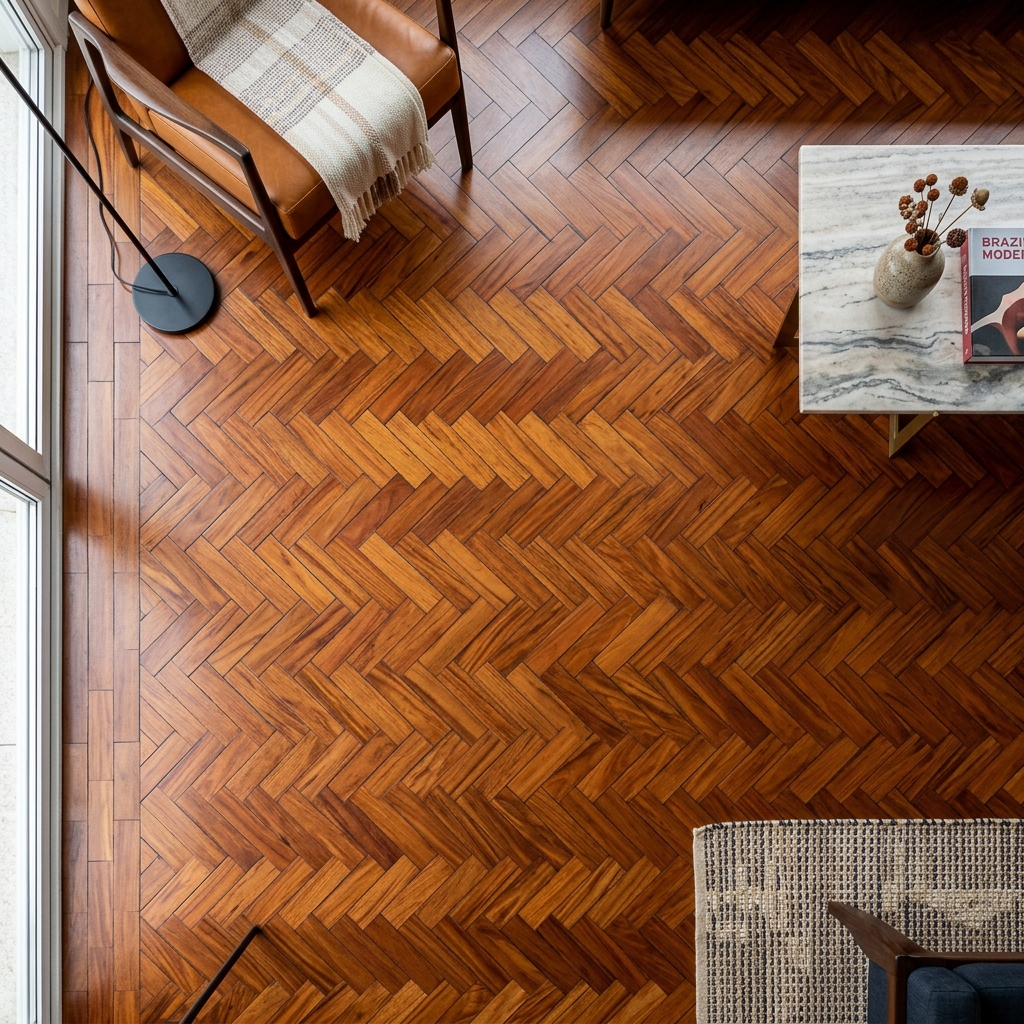 Parquet espinha de peixe restaurado com acabamento acetinado