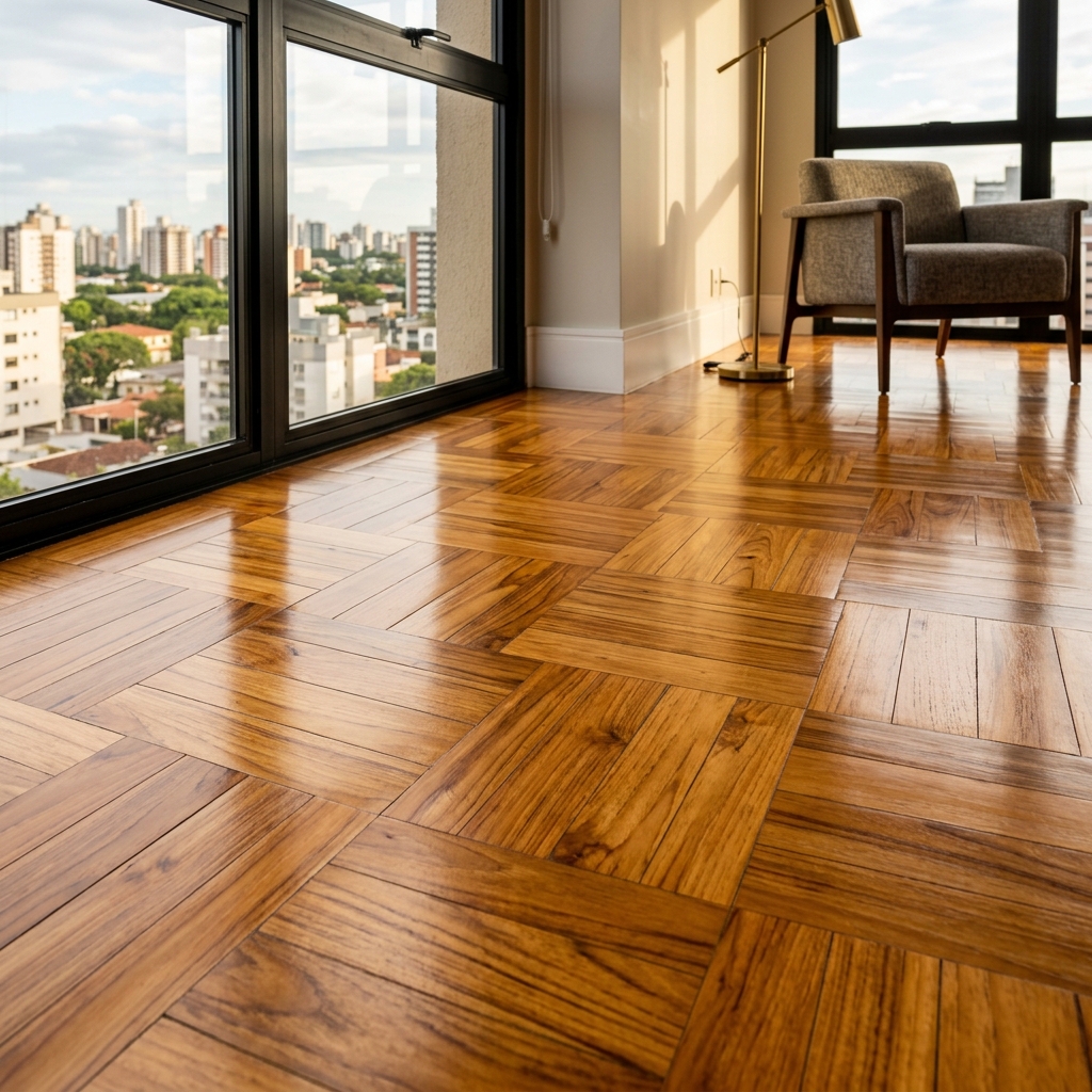 Piso de madeira taboão ypê restaurado com acabamento brilhante em apartamento de Porto Alegre
