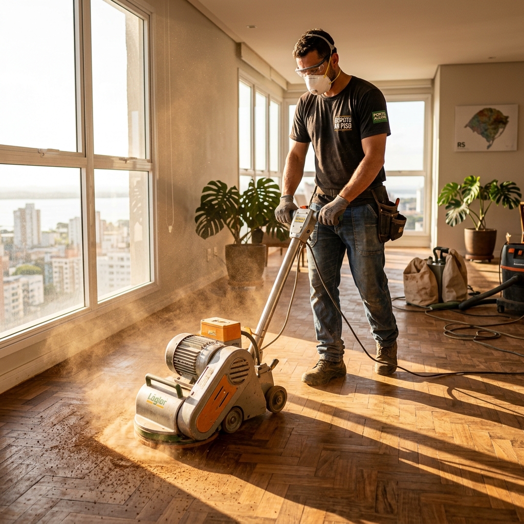 Profissional realizando lixamento de piso de madeira com equipamento industrial em Porto Alegre